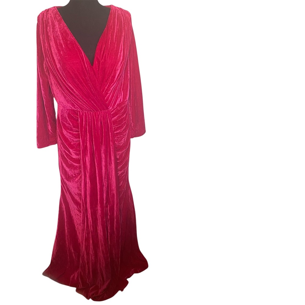 Ryanth Womens Fuchsia Velvet V-Neck Long Sleeve Draped Maxi Gown Size 14 NEW